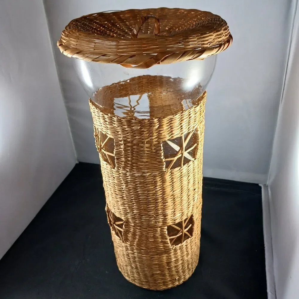 Vintage BOHO Glass Wicker Spaghetti/ Candy Storage